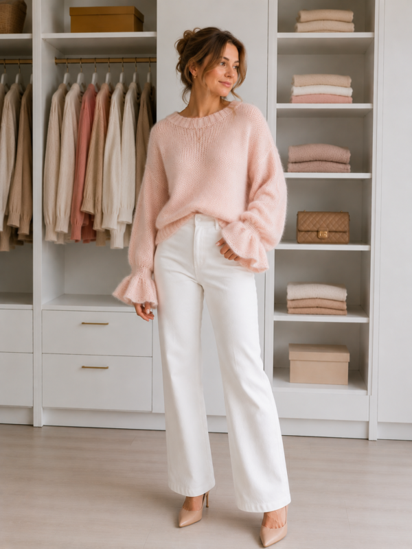 sweter pudrowy róż z rękawem dzwoneczkiem
