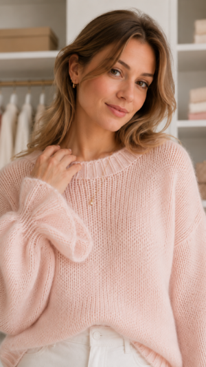sweter pudrowy róż z rękawem dzwoneczkiem