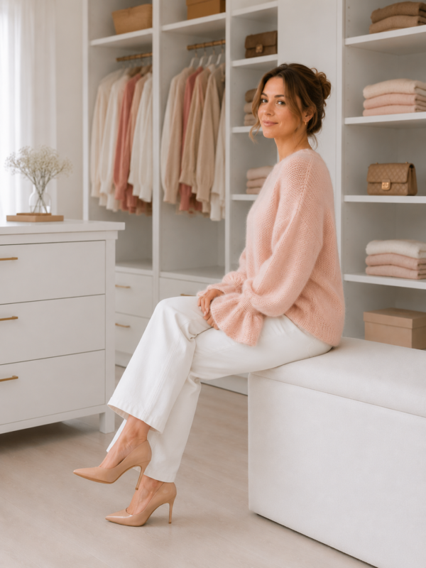 sweter pudrowy róż z rękawem dzwoneczkiem