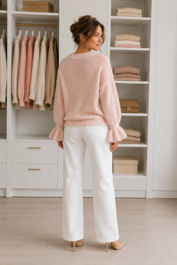 sweter pudrowy róż z rękawem dzwoneczkiem