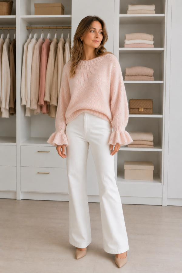 sweter pudrowy róż z rękawem dzwoneczkiem